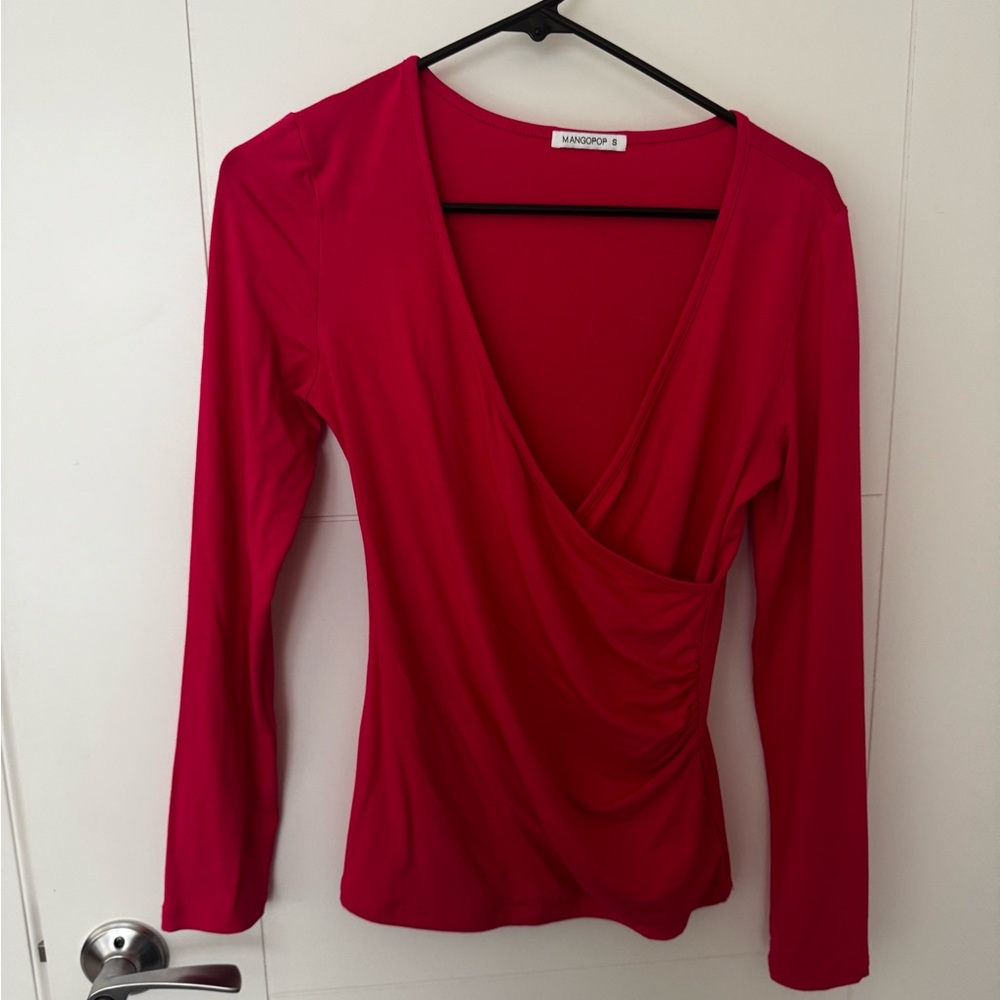 Mango Red Fitted Wrap Blouse